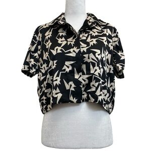 Balkanica Black & Beige Satin Pelican Printed Button Up Crop Top